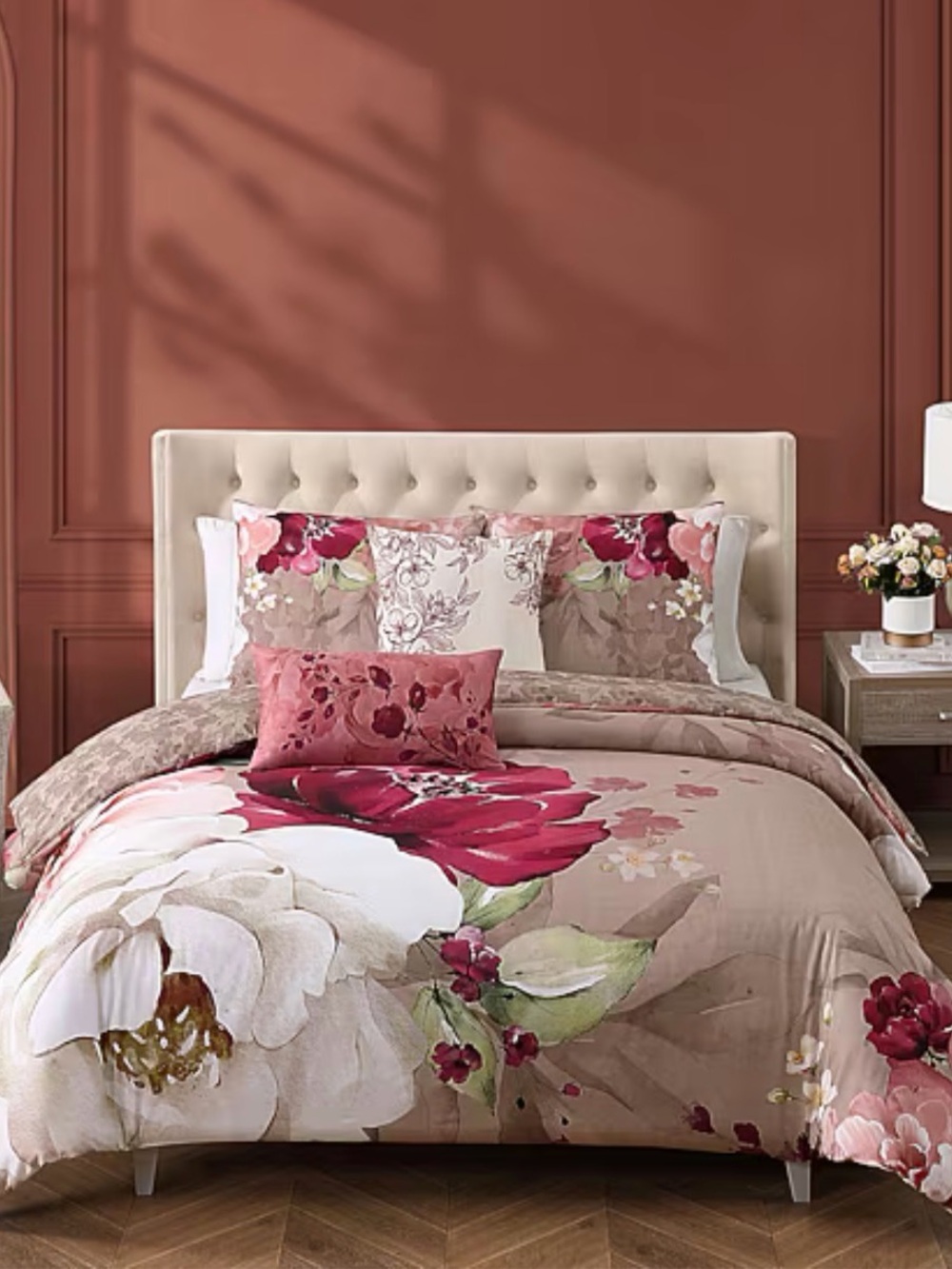 Floral Taupe and Pink Comforter Set with Rose Motif